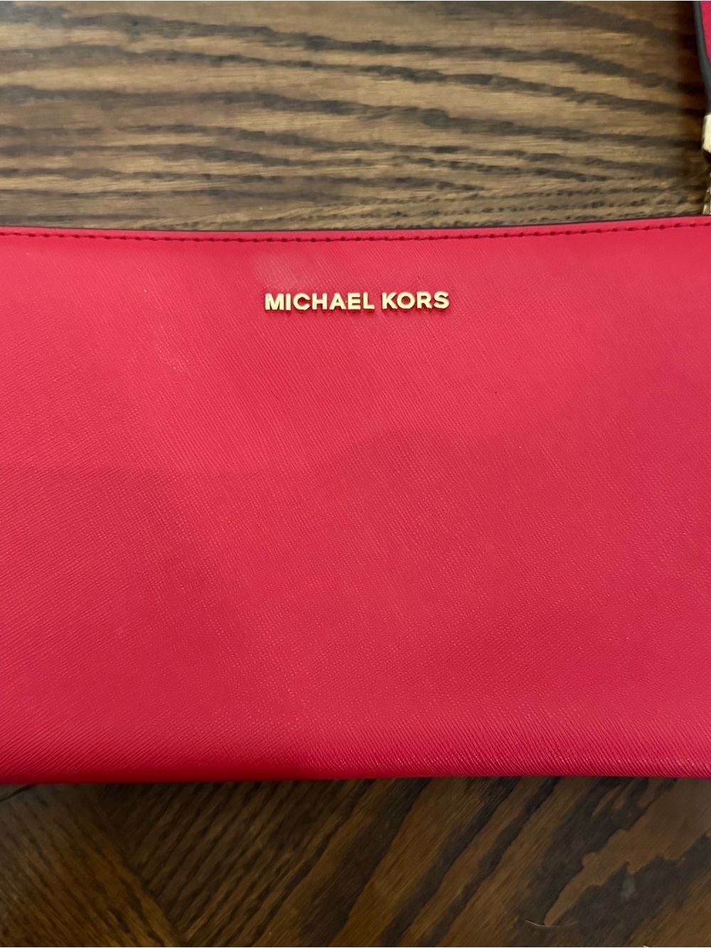 Michael Kors Red Saffiano Zip Pouch with Gold Logo